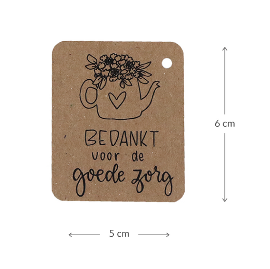 Kraftlabel 50 x 60 mm met boorgat met de tekst &#039;Bedankt voor de goede zorg&#039; - Maatgeving