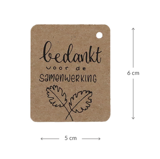 kraftlabel 50 x 60 mm met boorgat met de tekst &#039;Bedankt voor de samenwerking&#039; - Maatgeving