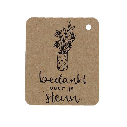 Voorkant kraftlabel 50 x 60 mm met boorgat met de tekst &#039;Bedankt voor de steun&#039;