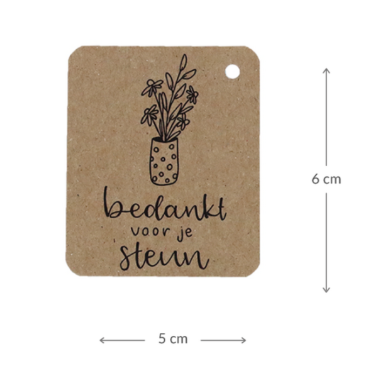 Voorkant kraftlabel 50 x 60 mm met boorgat met de tekst &#039;Bedankt voor de steun&#039; - Maatgeving