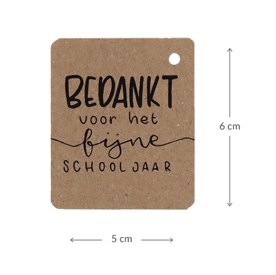 Kraftlabel 50 x 60 mm met boorgat met de tekst &#039;Bedankt voor het fijne schooljaar&#039; - Maatgeving