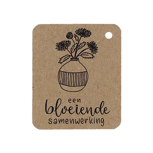 Voorkant kraftlabel 50 x 60 mm met boorgat met de tekst &#039;Bloeiende samenwerking&#039;