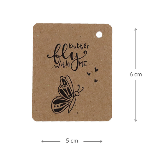 Kraftlabel 50 x 60 mm met boorgat en met de tekst &#039;Butterfly with me&#039; - Maatgeving