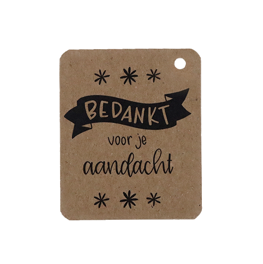 Voorkant kraftlabel 50 x 60 mm met boorgat met de tekst &#039;Bedankt voor je aandacht&#039;