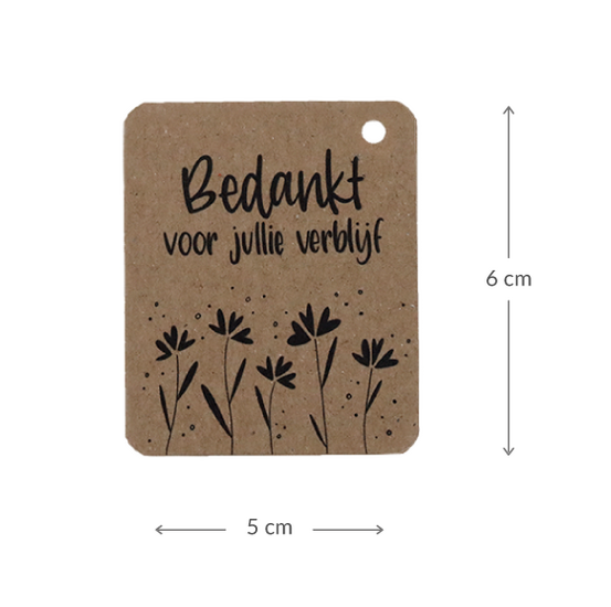 Kraftlabel 50 x 60 mm met boorgat met de tekst &#039;Bedankt voor jullie verblijf&#039; - Maatgeving