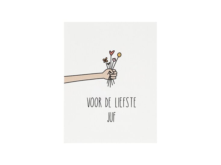 Voorkant kaartje 80 x 105 mm met de tekst &lsquo;Voor de liefste juf&rsquo;