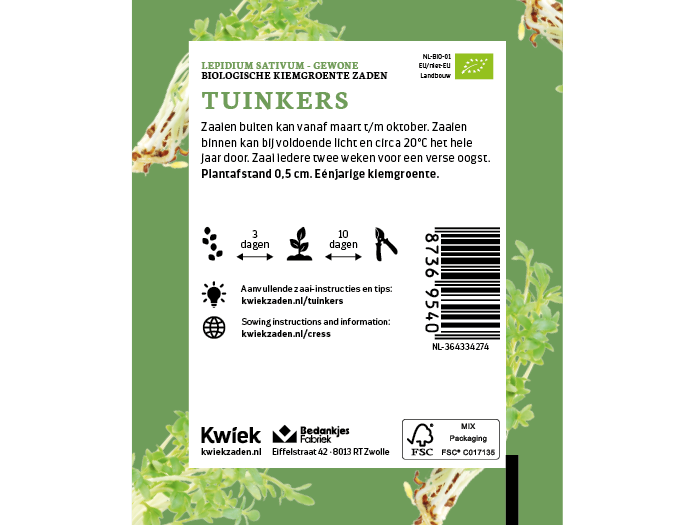 Biologische&nbsp;tuinkers zaden -  Kwiek Uitdeel zakjes