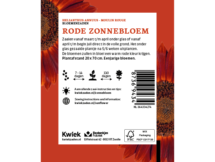 Rode zonnebloem zaden -  Kwiek Uitdeel zakjes