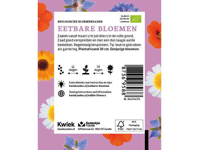 Biologische&nbsp;Eetbare bloemen zaden -  Kwiek Uitdeel zakjes