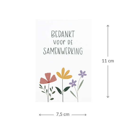 Maatgeving kaartje 75 x 110 mm met de tekst &lsquo;Bedankt voor de samenwerking&rsquo;