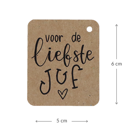 Kraftlabel 50 x 60 mm met boorgat met de tekst &#039;Voor de liefste juf&#039; - Maatgeving