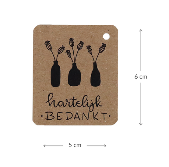 Kraftlabel 50 x 60 mm met boorgat met de tekst &#039;Hartelijk bedankt&#039; - Maatgeving