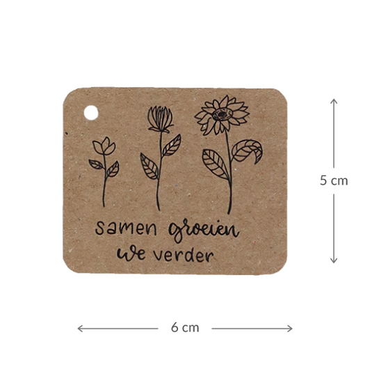 Kraftlabel 50 x 60 mm met boorgat met de tekst &#039;Samen groeien we verder&#039; - Maatgeving