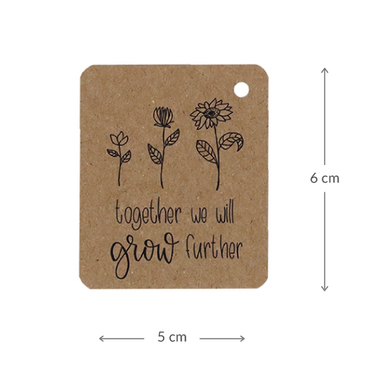 Kraftlabel 50 x 60 mm met boorgat met de tekst &#039;Together we will grow further&#039; - Maatgeving