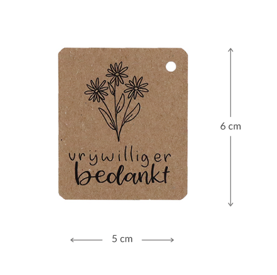 Kraftlabel 50 x 60 mm met boorgat met de tekst &#039;Vrijwilliger bedankt&#039; - Maatgeving