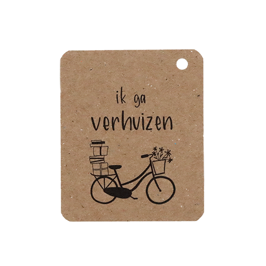 Voorkant kraftlabel 50 x 60 mm met boorgat met de tekst &#039;Ik ga verhuizen&#039;