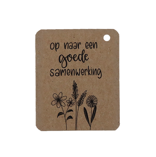 Voorkant kraftlabel 50 x 60 mm met boorgat met de tekst &#039;Op naar een goede samenwerking&#039;