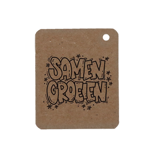 Voorkant kraftlabel 50 x 60 mm met boorgat met de tekst &#039;Samen groeien&#039;