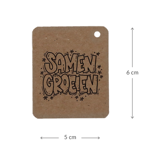 Kraftlabel 50 x 60 mm met boorgat met de tekst &#039;Samen groeien&#039; - Maatgeving